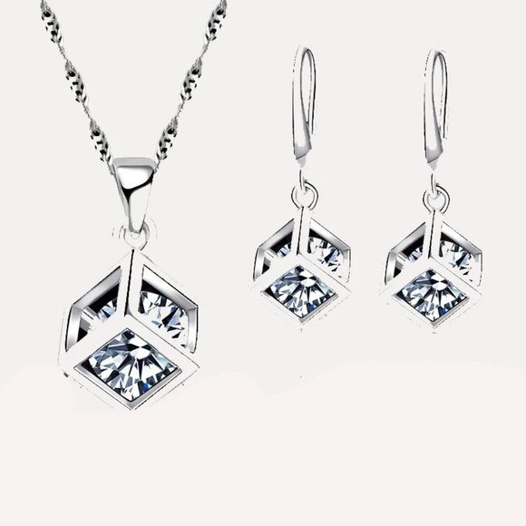 925 Sterling Silver Earrings With Necklace Set Bundle Square Gift Minimalist - Picture 3 of 8